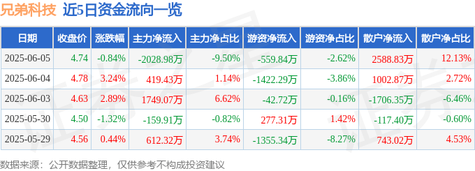 股票行情快报:兄弟科技(002562)6月5日主力资金净卖出2028.98万元