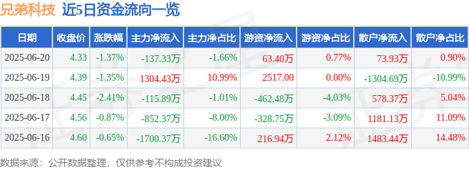 股票行情快报:兄弟科技(002562)6月20日主力资金净卖出137.33万元