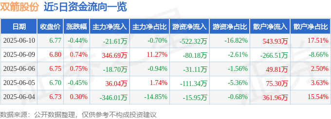 股票行情快报:双箭股份(002381)6月10日主力资金净卖出21.61万元