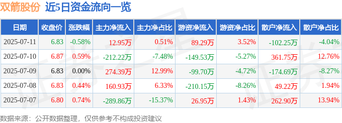 股票行情快报:双箭股份(002381)7月11日主力资金净买入12.95万元