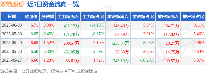 股票行情快报:双箭股份(002381)6月3日主力资金净卖出411.12万元