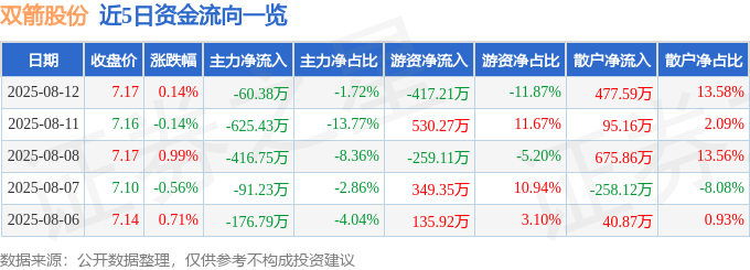 股票行情快报:双箭股份(002381)8月12日主力资金净卖出60.38万元