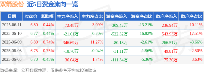 股票行情快报:双箭股份(002381)6月11日主力资金净买入72.48万元