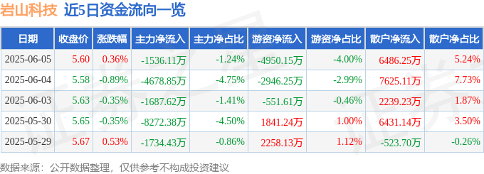 股票行情快报:岩山科技(002195)6月5日主力资金净卖出1536.11万元