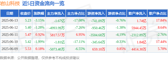 股票行情快报:岩山科技(002195)6月13日主力资金净卖出1.67亿元