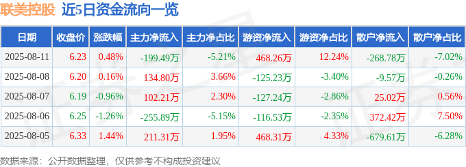 股票行情快报：联美控股（600167）8月11日主力资金净卖出199.49万元