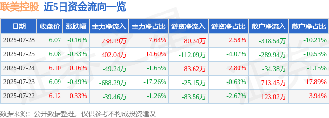 股票行情快报:联美控股(600167)7月28日主力资金净买入238.19万元