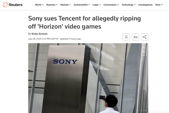 索尼起诉腾讯！指控腾讯新游《荒野起源》涉嫌抄袭《地平线：零之曙光》，称《荒野起源》是《地平线》的“照搬克隆版”，腾讯官方暂未回应